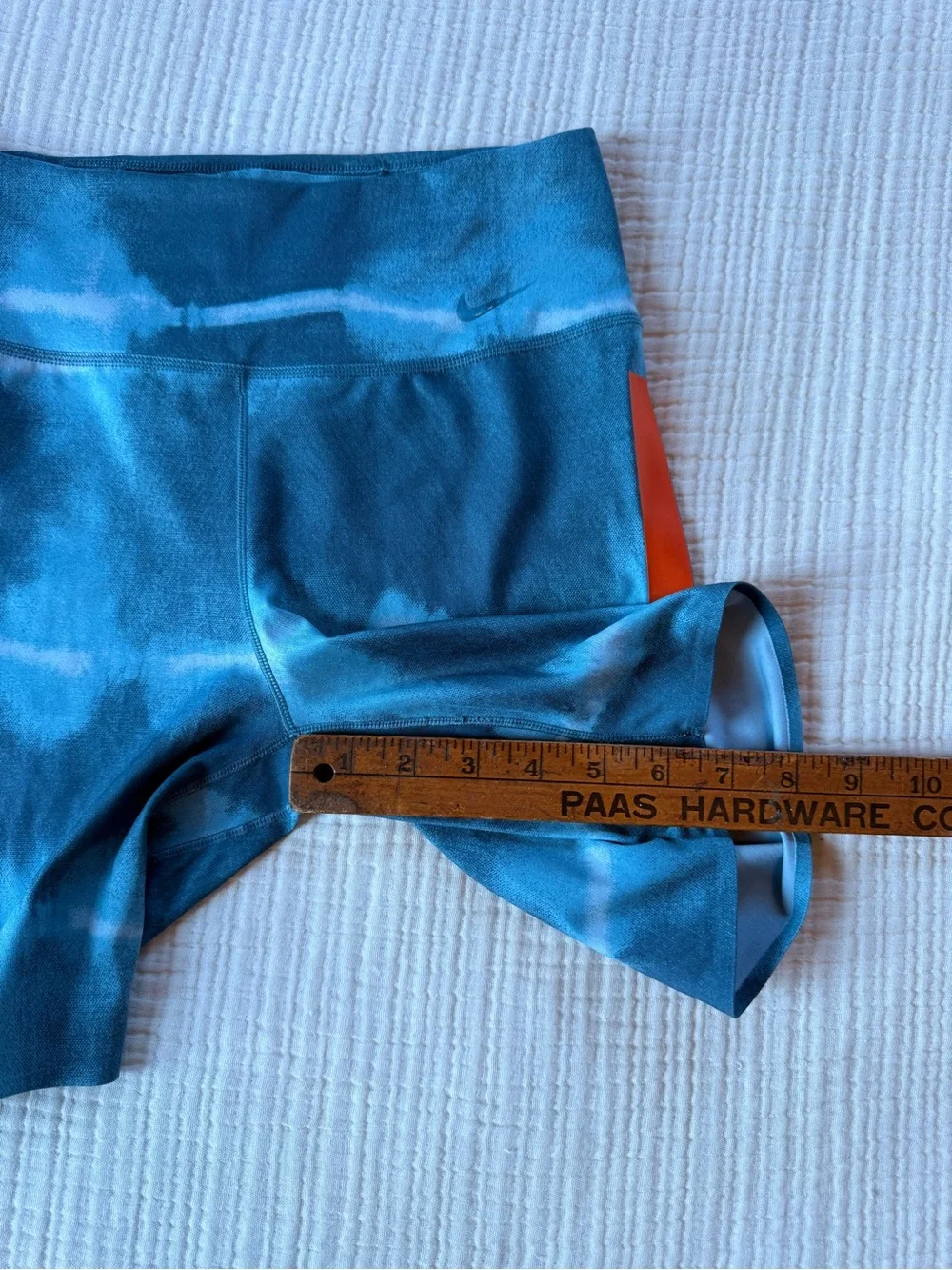 Nike Women's Blue Tie-Dye Bike Shorts with Orange Side Stripes